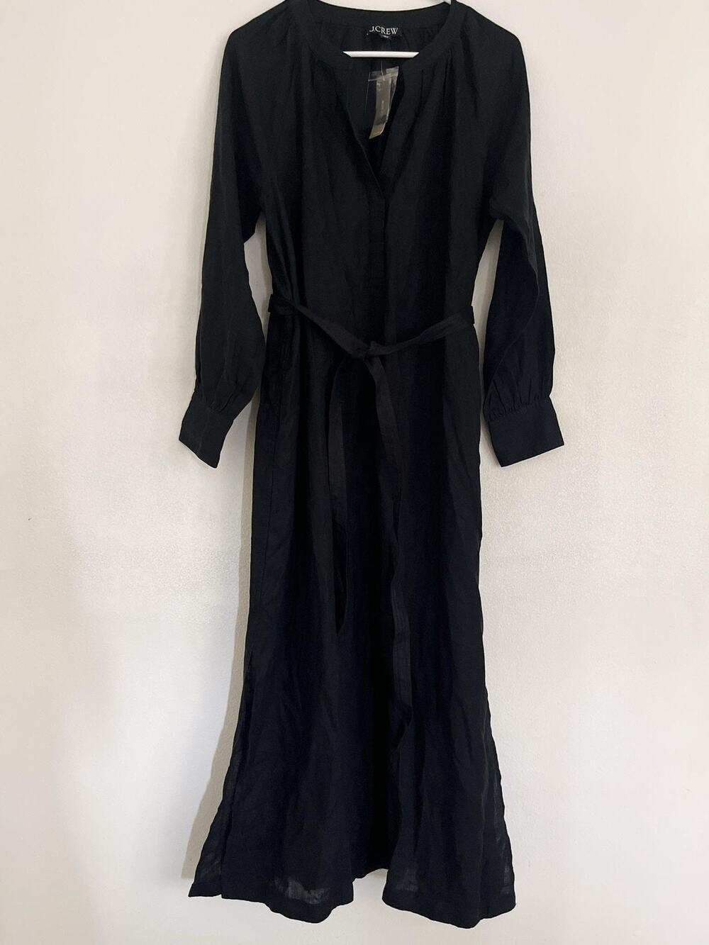 J.Crew Dress Womens S Black Linen V Neck Long Sleeve Shirt Maxi Belted Pockets